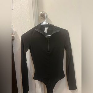 Black Opaque Mesh Quarter Zip Bodysuit